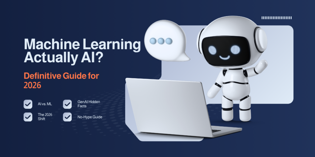 Is Machine Learning Actually AI infographic comparing AI vs ML vs Generative AI for 2026 tech trends.
